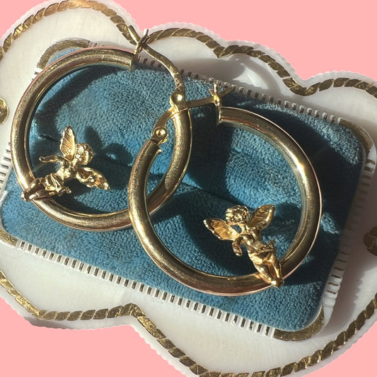 Vintage 14k Angel Hoop Earrings