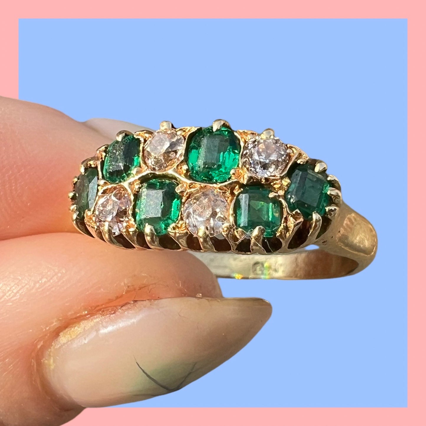 Antique 18k Emerald and Diamond Checkerboard RIng