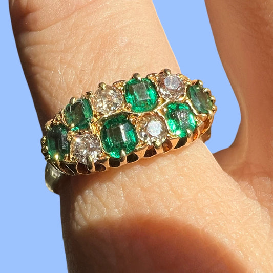 Antique 18k Emerald and Diamond Checkerboard RIng