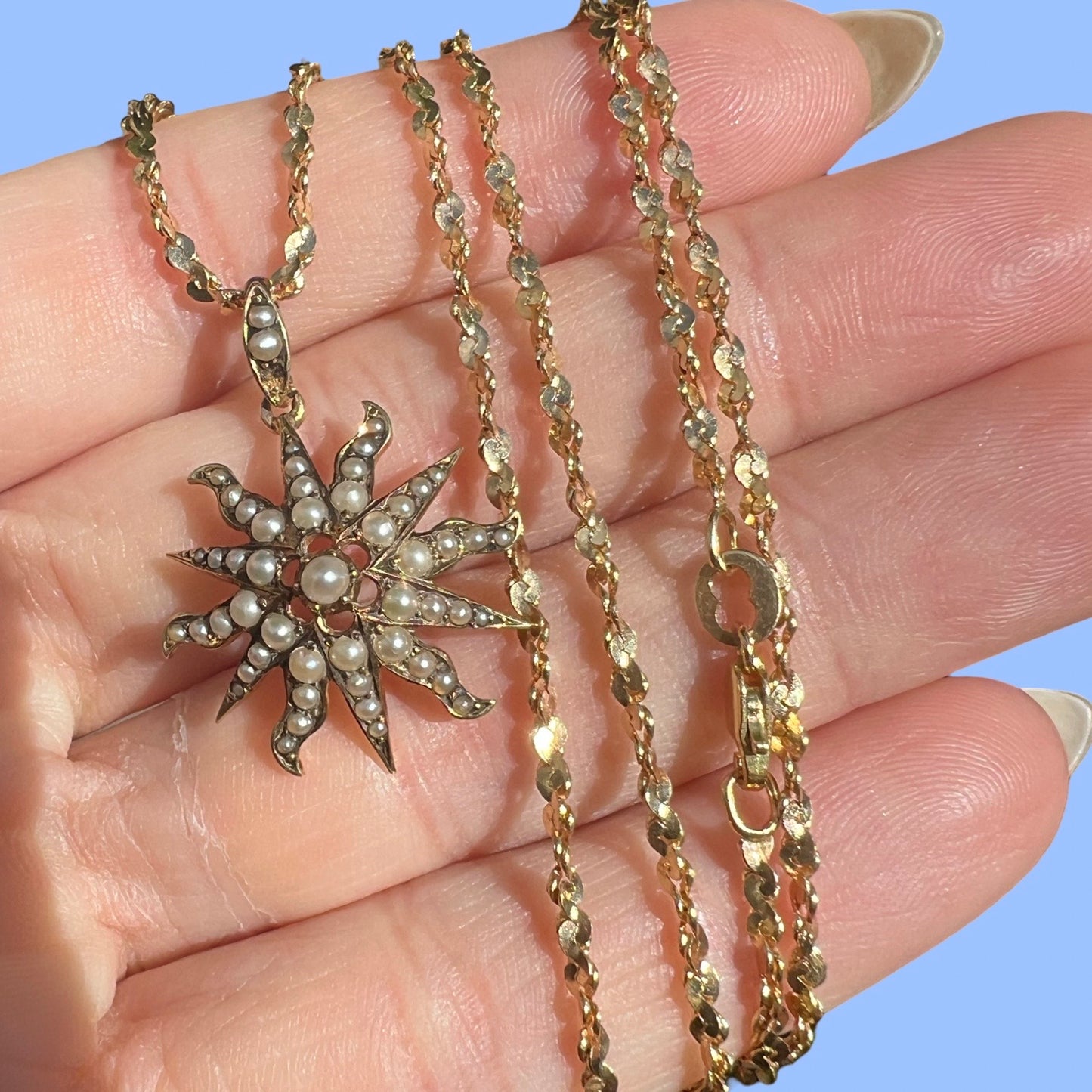 Antique 15k Seed Pearl Sunburst Pendant