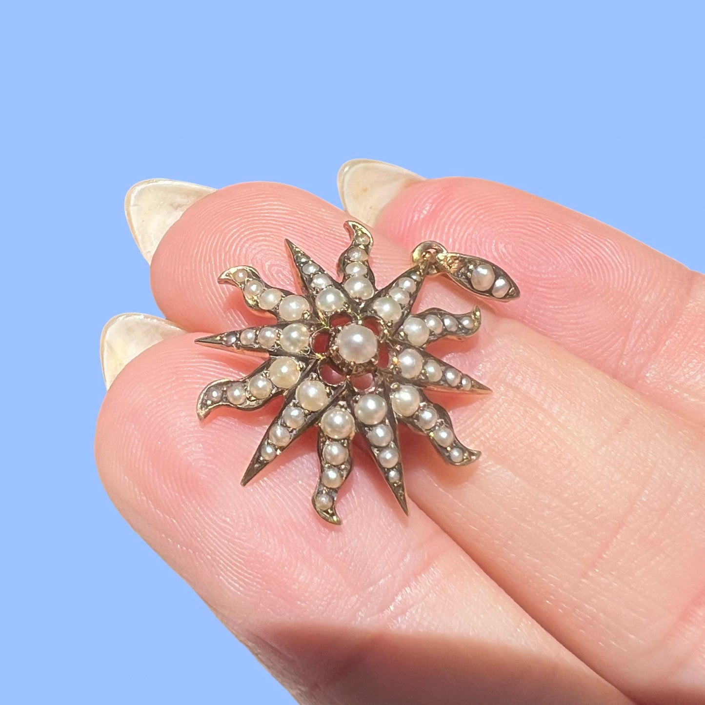 Antique 15k Seed Pearl Sunburst Pendant