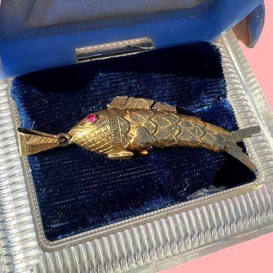 Vintage 18k Articulated Fish Charm with Ruby Eyes