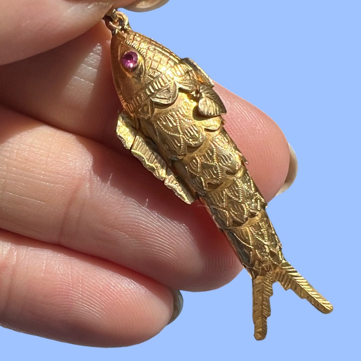 Vintage 18k Articulated Fish Charm with Ruby Eyes