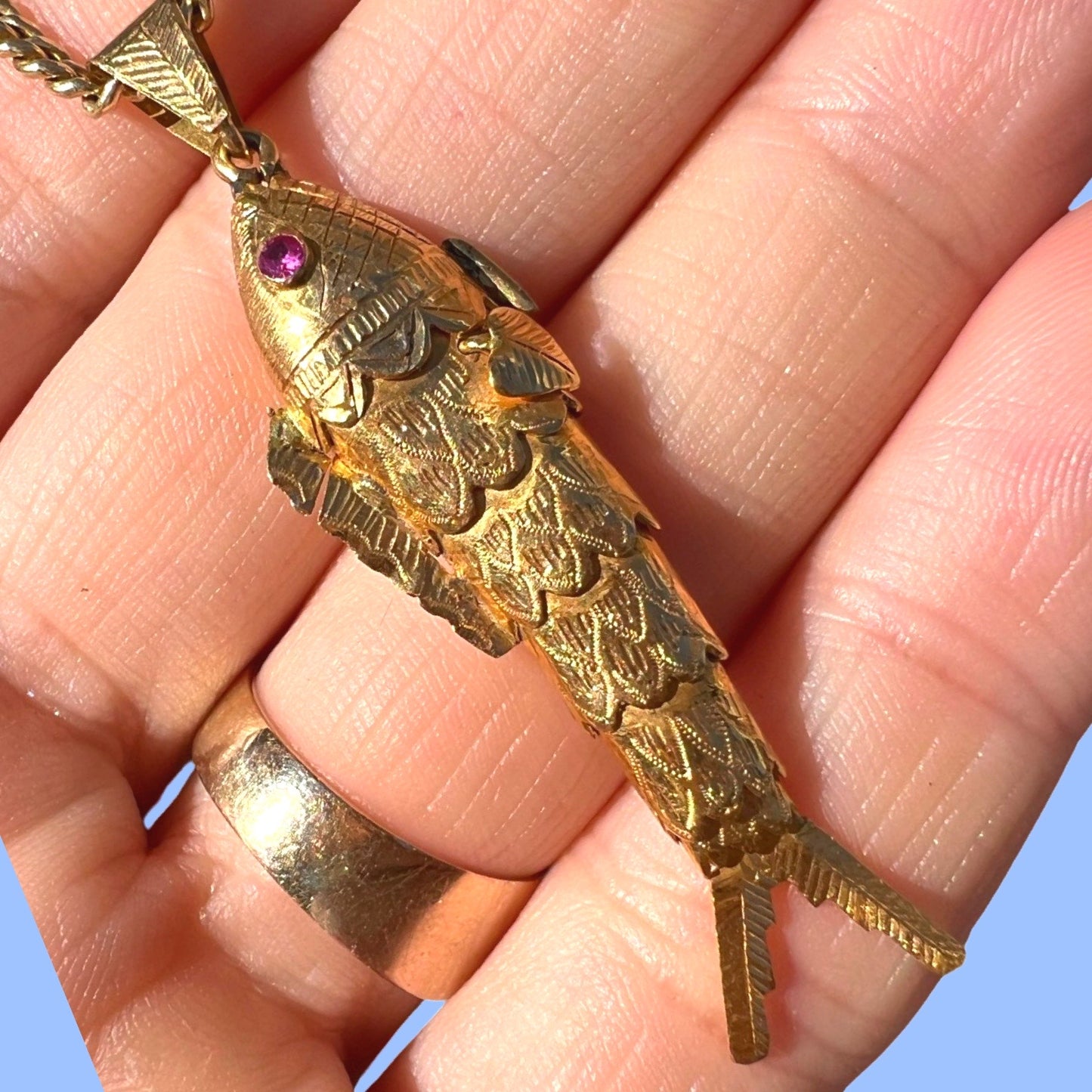 Vintage 18k Articulated Fish Charm with Ruby Eyes